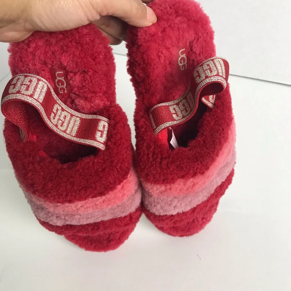 Ugg Fluff Yeah Red Pink Striped Slingback Slippers Girls Size 4 Loungewear Comfy